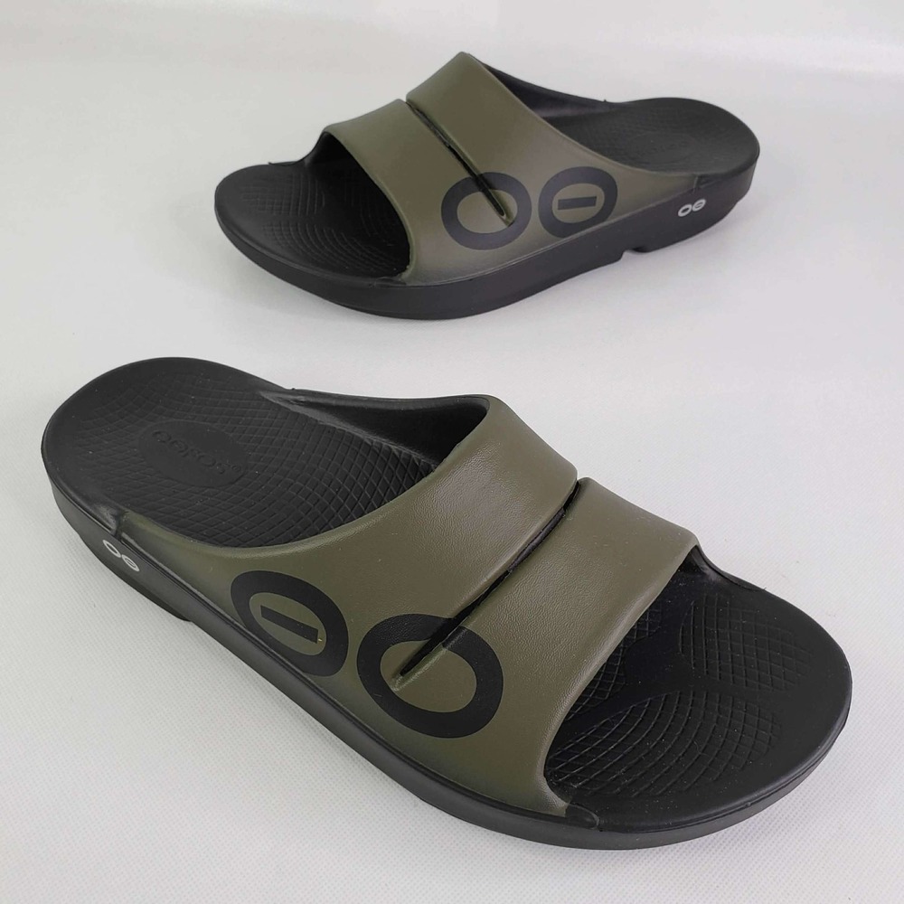 OOFOS OOahh Sport Slide Sandals Mens 11 Forest Green Black Recovery Shoes